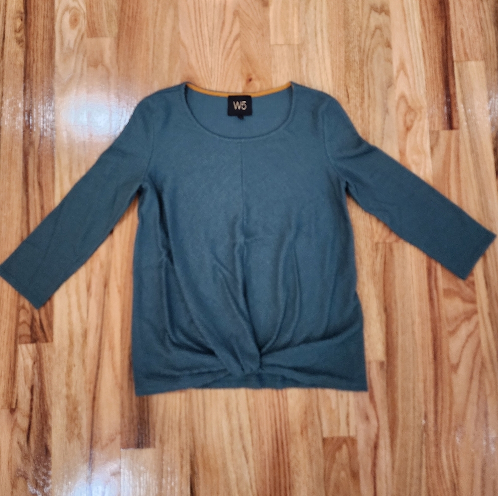 W5 Womens Khaki Green Ribbed 3/4 Sleeve Shirt Top Blouse Size Small